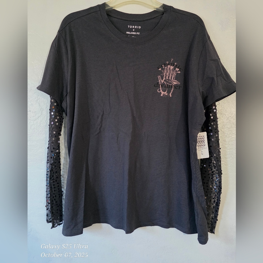 Torrid Black Graphic Tee with Sequin Sleeves - Picture 3 of 10